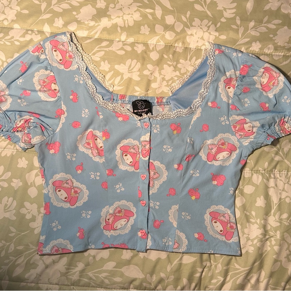 Light Blue Lace Trim Button-Up Top With Cute Light Pink Design